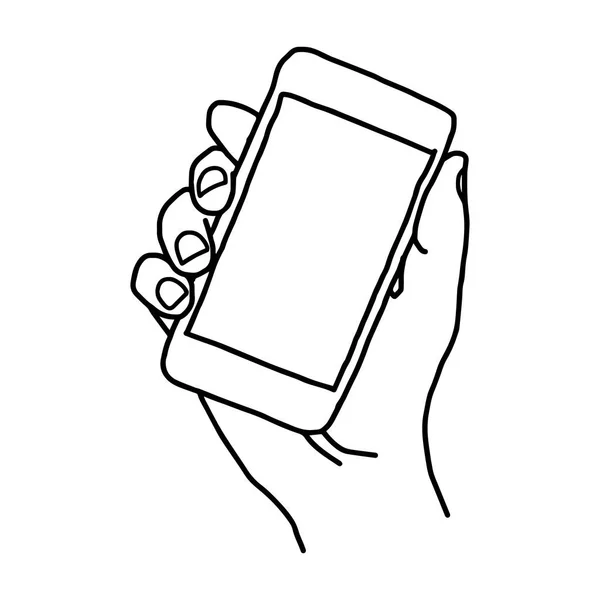 Croquis dessiné à la main vectoriel de la main droite humaine tenant le téléphone portable intelligent — Image vectorielle