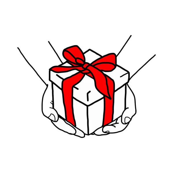 Illustrazione vettore disegnato a mano scarabocchio di mano in possesso di una scatola regalo con arco rosso isolato su bianco — Vettoriale Stock
