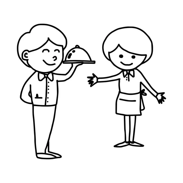 Εικονογράφηση διάνυσμα χέρι συρμένο doodle σερβιτόρος και σερβιτόρα απομονωμένες — Διανυσματικό Αρχείο
