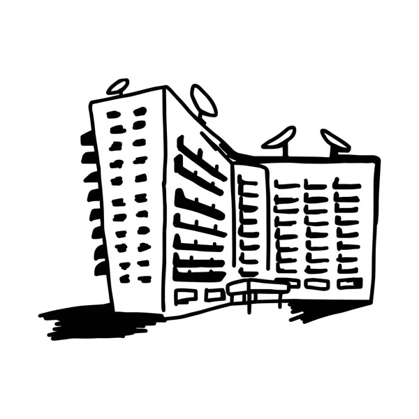 Vektor Illustration handgezeichnete Skizze des Hotels mit Satellitenschüssel isoliert auf weißem Hintergrund — Stockvektor