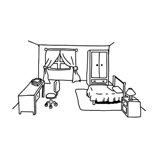 Vektör çizim el yatak odası beyaz arka plan üzerinde izole çizilmiş kroki — Stok Vektör
