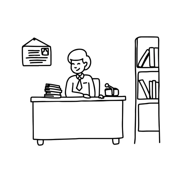 Ilustracja wektorowa ręcznie rysowane szkic biznesmena na jego biurku na białym tle — Wektor stockowy