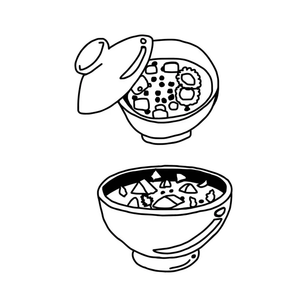 Ilustração vetorial esboço desenhado à mão de sopa miso em tigela isolada em fundo branco — Vetor de Stock