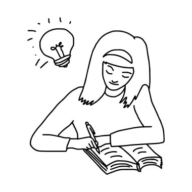 Akıllı kız masa üzerinde bir kitapla ödev yapmak ve beyaz arka plan üzerinde izole kafasına - illüstrasyon vektör doodle elle çizilmiş, ampul hafifletmek