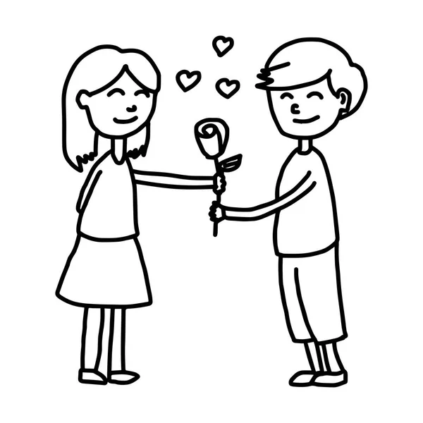 Garçon donnant à sa petite amie une rose - illustration vectorielle gribouille dessinée à la main, isolée sur fond blanc — Image vectorielle