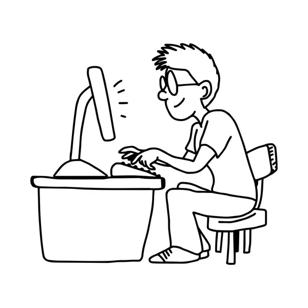 Man aan het werk bij Bureau met PC - illustratie vector doodle hand getrokken, geïsoleerd op witte achtergrond — Stockvector
