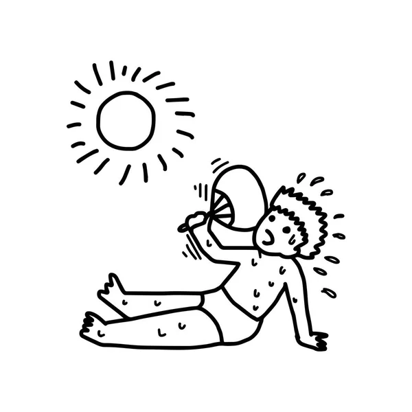 Zpocený boy pomocí ventilátoru pod sluncem - ilustrace vektorové doodle ručně kreslenou, izolované na bílém pozadí — Stockový vektor