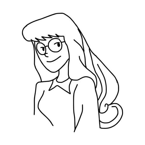 Dlouhé vlasy ženy s brýlemi - doodle vektorové ilustrace ručně tažené, izolované na bílém pozadí — Stockový vektor