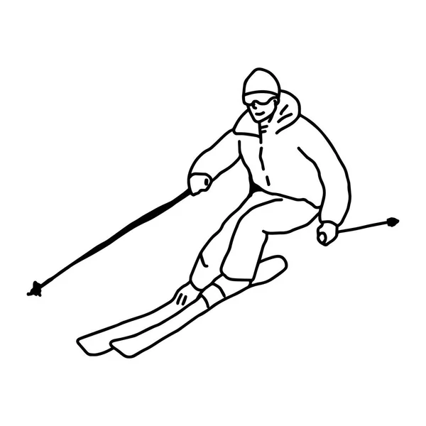 Esqui de montanha - ilustração vetorial esboço mão desenhada com linhas pretas, isolado sobre fundo branco — Vetor de Stock