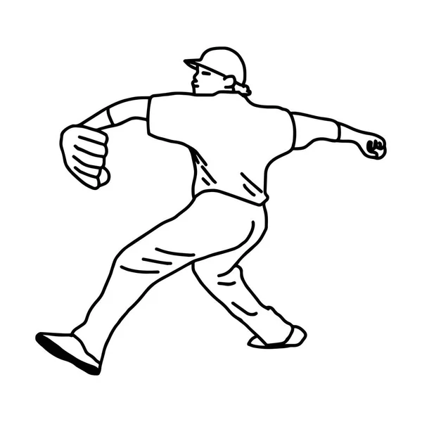 Baseball Pitcher wirft Ball - Vektor Illustration Skizze Hand mit schwarzen Linien gezeichnet, isoliert auf weißem Hintergrund — Stockvektor