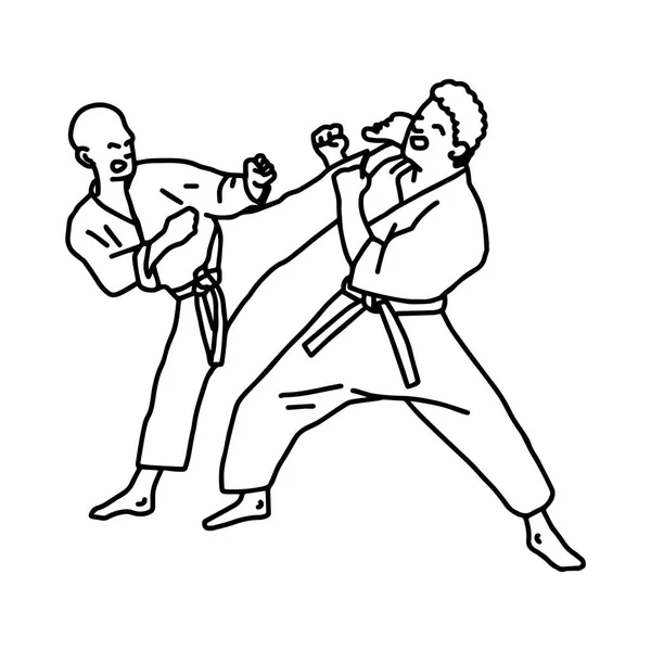 Atletas de karate - ilustración vectorial bosquejo dibujado a mano con líneas negras, aislado sobre fondo blanco — Vector de stock