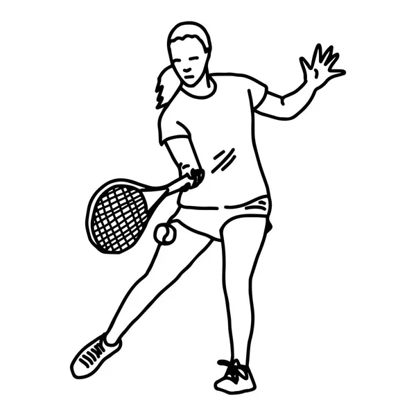 Professionele tennisspeelster - vector illustratie schets hand getekend met zwarte lijnen, geïsoleerd op witte achtergrond — Stockvector