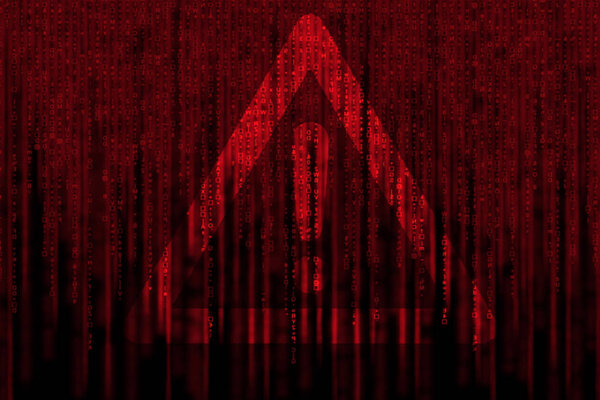 Red matrix background, with motion blur, isolated on black background, with warning sign