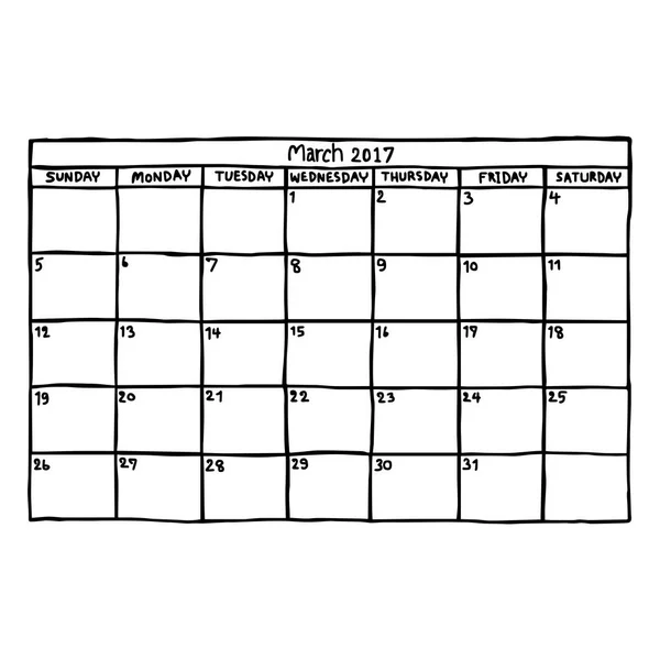 Kalendarz marzec 2017 - ilustracja wektorowa szkicu ręcznie rysowane z czarnymi liniami, izolowana na białym tle — Wektor stockowy
