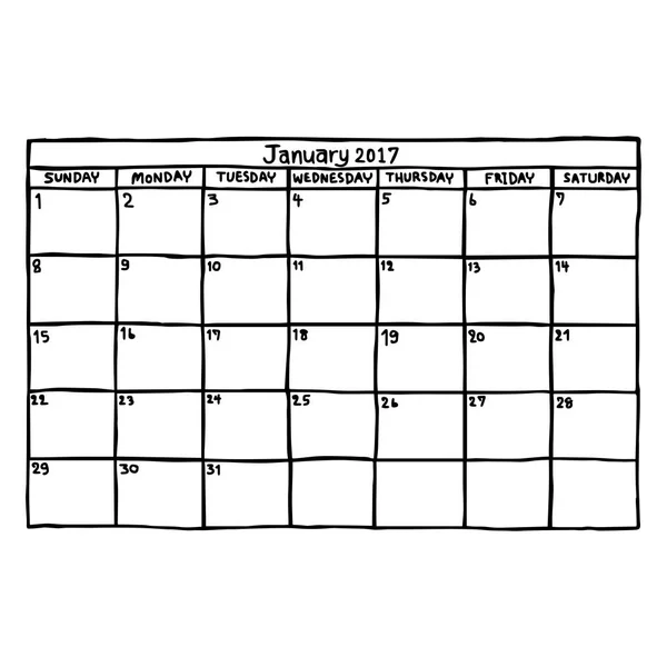 Kalender januar 2017 - vektorillustration skizze hand gezeichnet mit schwarzen linien, isoliert auf weißem hintergrund — Stockvektor