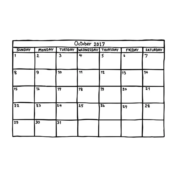 Kalendarz października 2017 - ilustracja wektorowa szkicu ręcznie rysowane z czarnymi liniami, izolowana na białym tle — Wektor stockowy