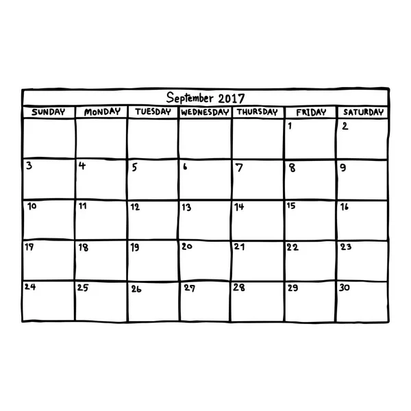 Kalendarz września 2017 - ilustracja wektorowa szkicu ręcznie rysowane z czarnymi liniami, izolowana na białym tle — Wektor stockowy