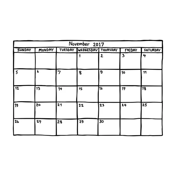 Календарь Ноябрь 2017 - Векторный рисунок руки с черными линиями, выделенный на белом фоне — стоковый вектор