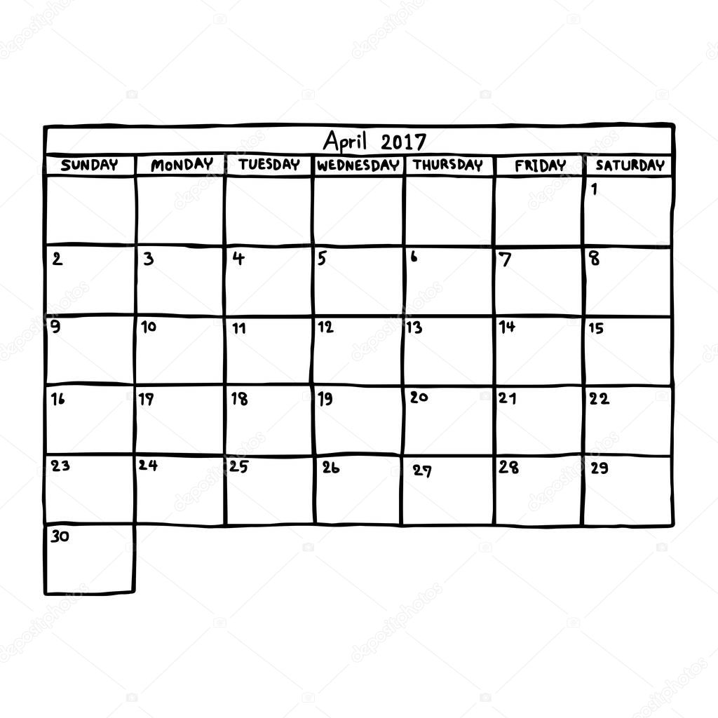 calendar April 2017 - vector illustration sketch hand drawn with black lines, isolated on white background