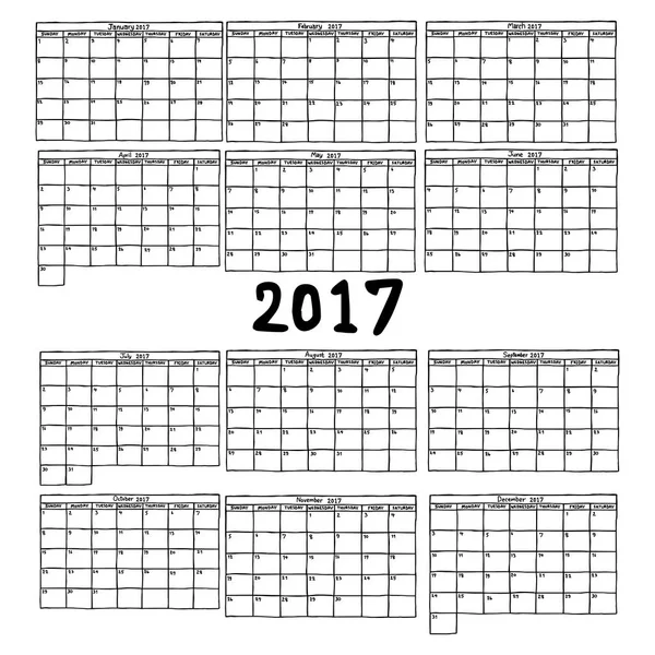 Calendário 2017 - ilustração vetorial esboço mão desenhada com linhas pretas, isolado no fundo branco — Vetor de Stock