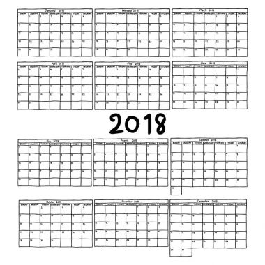 Takvim 2018 - vektör çizim elle izole beyaz arka plan üzerinde siyah çizgilerle çizilmiş kroki