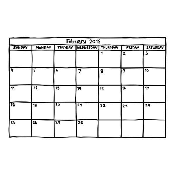 Kalendarz lutego 2018 - ilustracja wektorowa szkicu ręcznie rysowane z czarnymi liniami, izolowana na białym tle — Wektor stockowy