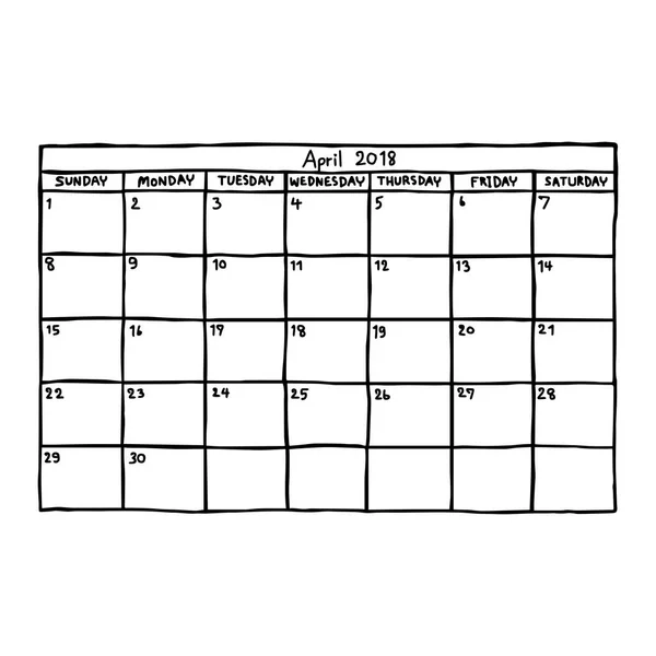 Calendar April 2018 - vector illustration sketch hand drawn with black lines, isolated on white background — Stock Vector