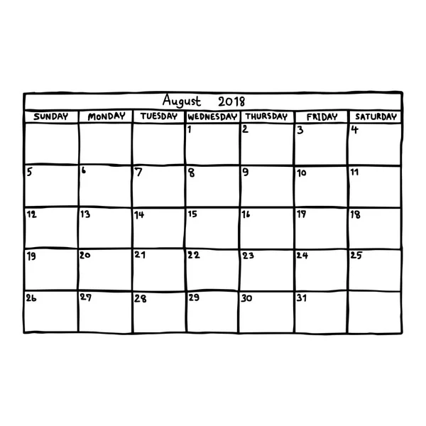 Calendar August 2018 - vector illustration sketch hand drawn with black lines, isolated on white background — Stock Vector