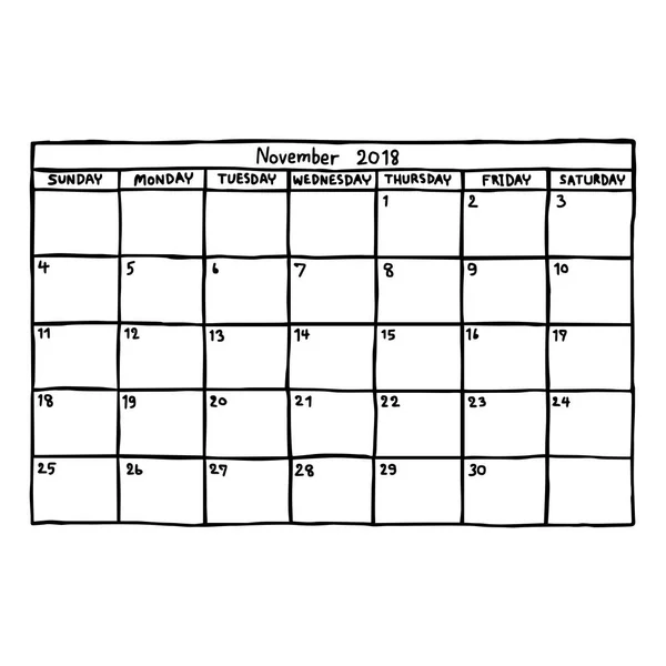 Calendario noviembre 2018 - ilustración vectorial boceto dibujado a mano con líneas negras, aislado sobre fondo blanco — Archivo Imágenes Vectoriales