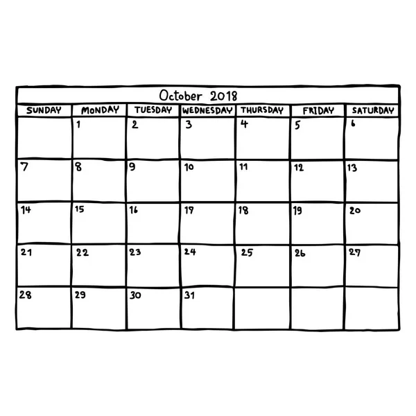 Calendar October 2018 - vector illustration sketch hand drawn with black lines, isolated on white background — Stock Vector