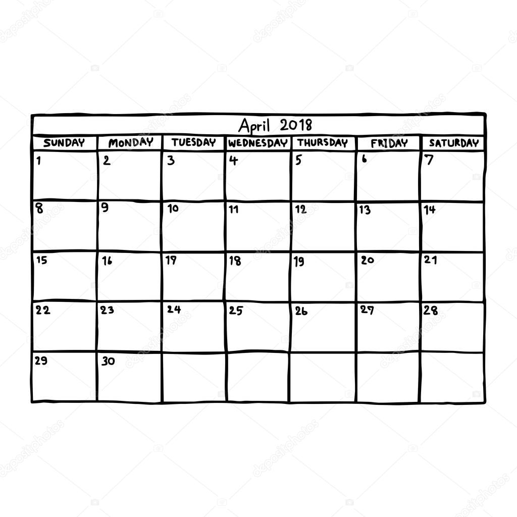 calendar April 2018 - vector illustration sketch hand drawn with black lines, isolated on white background