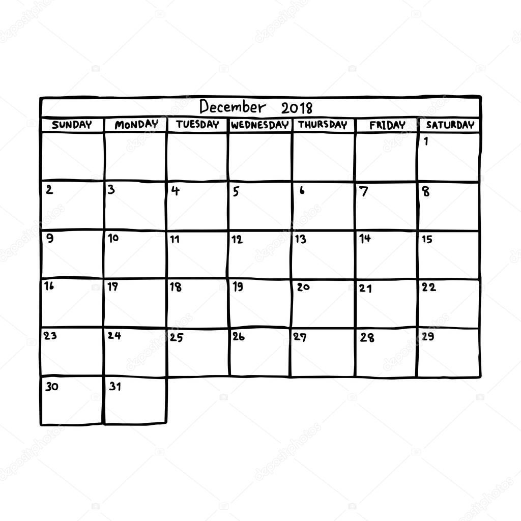 calendar December 2018 - vector illustration sketch hand drawn with black lines, isolated on white background