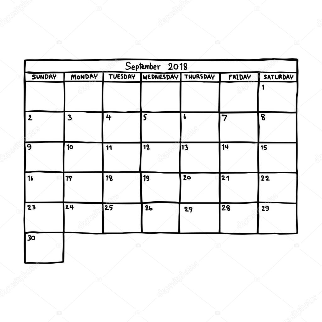 calendar September 2018 - vector illustration sketch hand drawn with black lines, isolated on white background