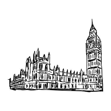 Büyük Ben ve House of Parliament - beyaz arka plan üzerinde vektör illüstrasyon kroki elle çizilmiş izole