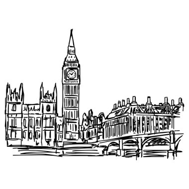 Big Ben ile westminster Köprüsü Londra - vektör illüstrasyon kroki elle çizilmiş beyaz arka plan üzerinde izole.