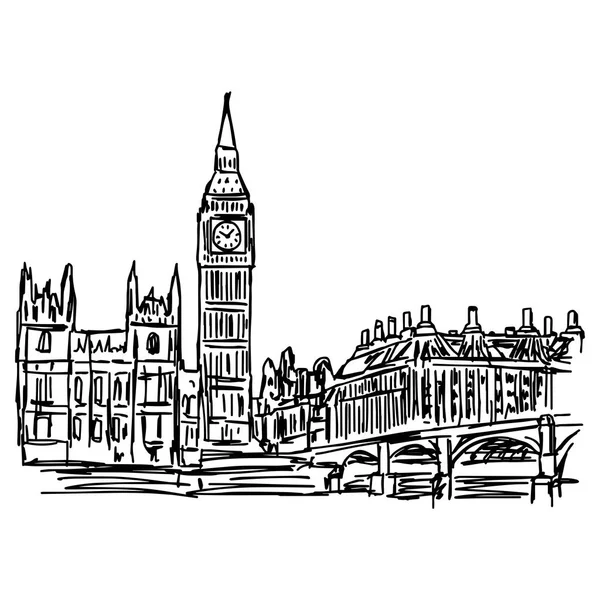 Big Ben en westminster bridge in Londen - vector illustratie schets hand getrokken geïsoleerd op witte achtergrond — Stockvector