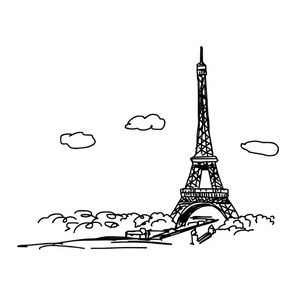 Tour eiffel avec paysage urbain et nuages - croquis vectoriel dessiné à la main isolé sur fond blanc — Image vectorielle