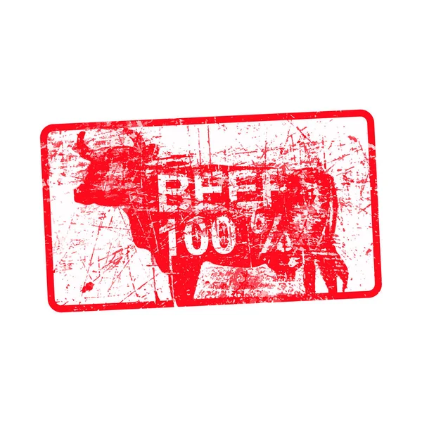 Beef 100 per cent - red rubber dirty grungy stamp in rectangular vector illustration — Stock Vector