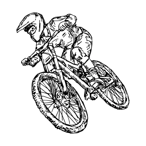 Fietsen-mountainbike - vector illustratie schets hand getekend met zwarte lijnen, geïsoleerd op witte achtergrond — Stockvector