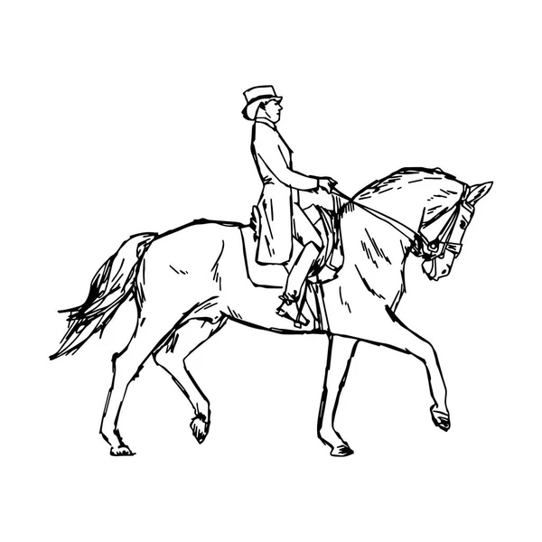 Joven jinete a caballo en competición de doma doma ecuestre - ilustración vectorial boceto dibujado a mano con líneas negras, aislado sobre fondo blanco — Vector de stock