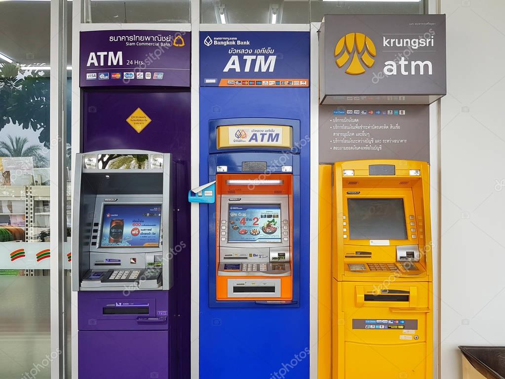 CHIANG RAI, THAILAND - MAY 8 : ATM of three banks in the public area on May 8, 2017 in Chiang rai, Thailand. Horizontal photo.