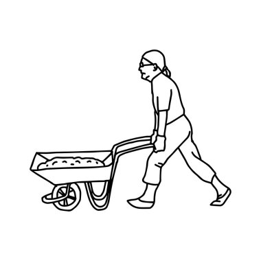 Bir el arabası - vektör illüstrasyon kroki elle izole beyaz arka plan üzerinde siyah çizgilerle çizilmiş iterek inşaat işçisi