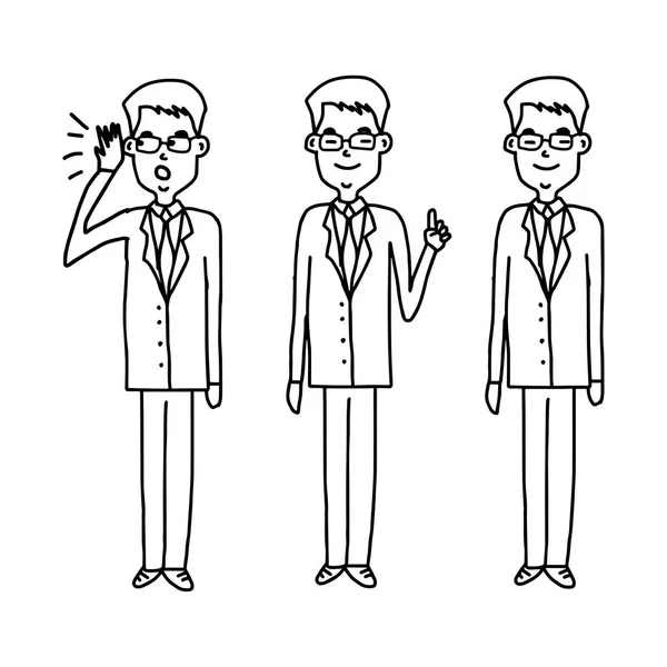 Conjunto de hombre de negocios con gafas de pie - ilustración vectorial boceto dibujado a mano aislado sobre fondo blanco — Vector de stock