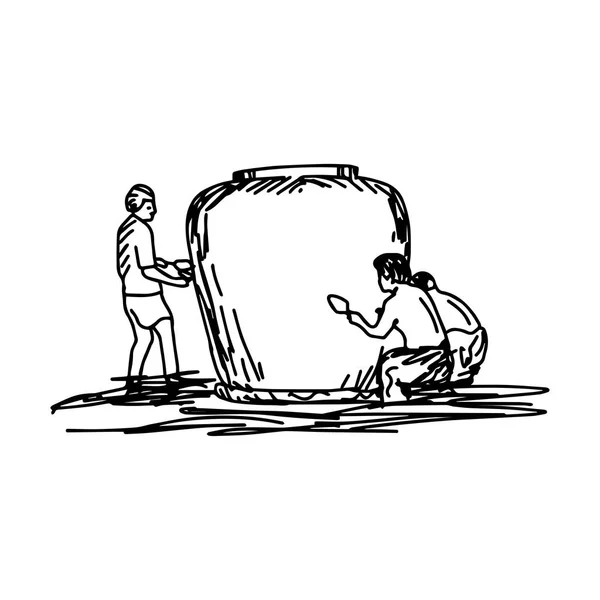 水 - 白い背景で隔離の黒い線で描かれたベクター イラスト スケッチ手を保つため大きな土製の壷を作る人々 — ストックベクタ