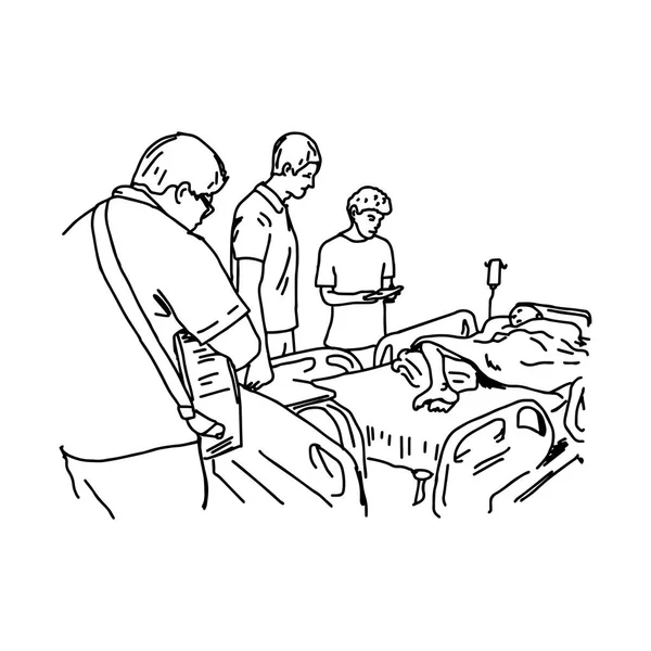 Οι άνθρωποι επισκέπτονται ασθενή στο νοσοκομείο - διανυσματικά εικονογράφηση σκίτσο χέρι με μαύρες γραμμές, απομονώνονται σε λευκό φόντο — Διανυσματικό Αρχείο