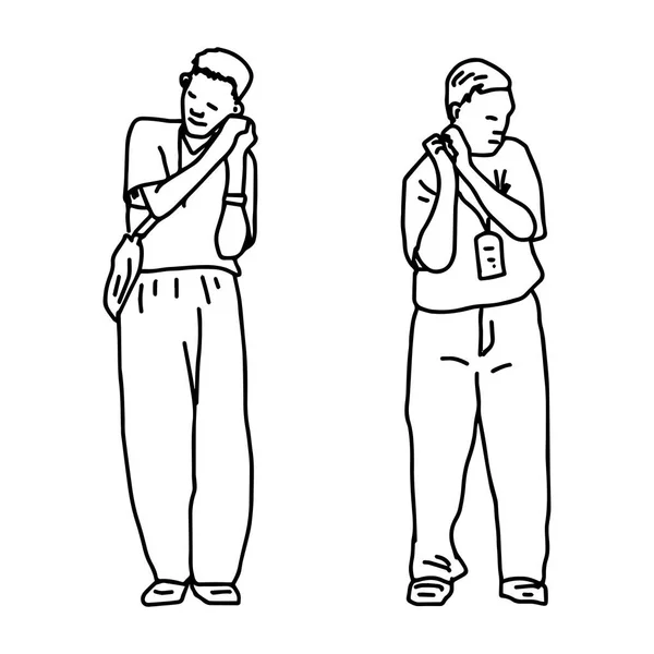 Dois homens fazendo gesto de sono - ilustração vetorial esboço mão desenhada com linhas pretas, isolado em fundo branco —  Vetores de Stock