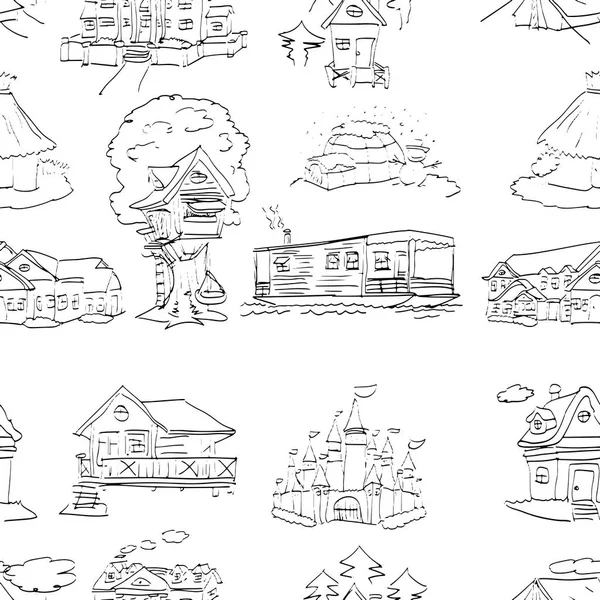 Wohnraumset nahtlose Mustergestaltung - Vektor-Illustrationsskizze mit schwarzen Linien gezeichnet, isoliert auf weißem Hintergrund — Stockvektor