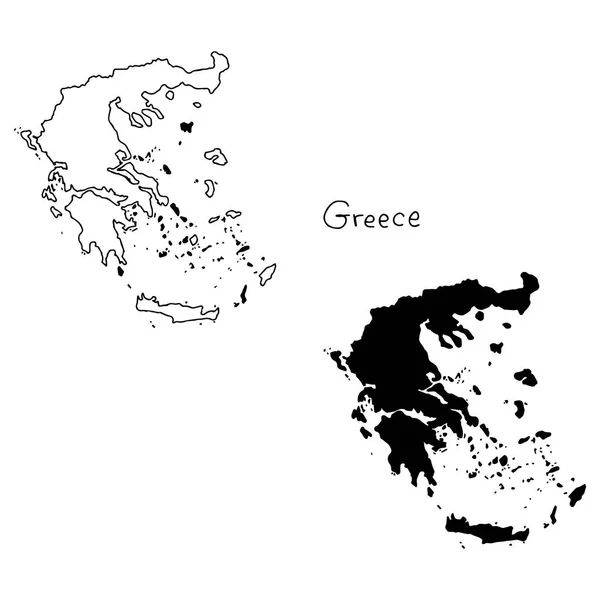 Disposition och silhouette karta över Grekland - vektor illustration hand dras med svarta linjer, isolerad på vit bakgrund — Stock vektor