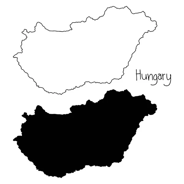 Contour et silhouette carte de Hongrie - illustration vectorielle dessinée à la main avec des lignes noires, isolée sur fond blanc et — Image vectorielle