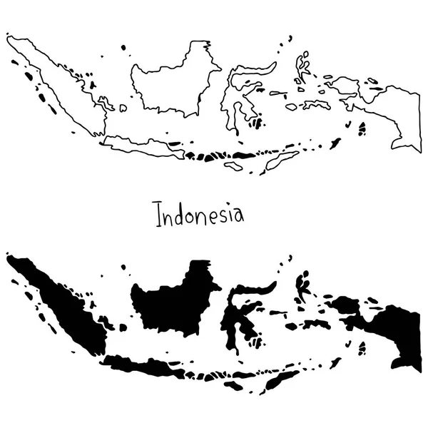 Outline dan siluet peta Indonesia - vektor gambar tangan dengan garis hitam, terisolasi pada latar belakang putih - Stok Vektor